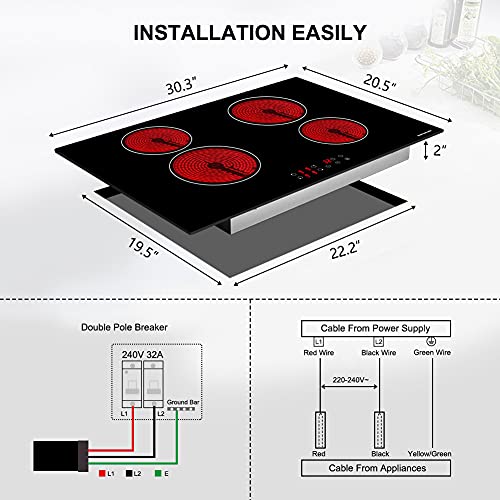 Electric Cooktop, Thermomate 30 Inch Built-In Radiant Electric Stove Top, 240V Ceramic Electric Stove With 4 Burners, 9 Heating Level, Timer & Kid Safety Lock, Sensor Touch Control #TOP6