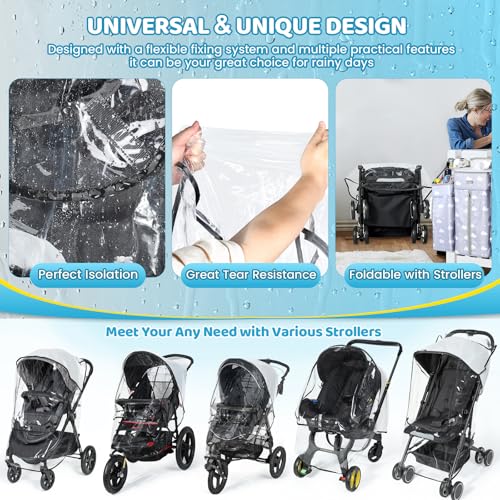 Image of Universal Clear Stroller Rain Cover, No-Zip Waterproof Stroller Cover - Food Grade EVA & Frosted PVC, Baby Travel Weather Shield, Breathable Rain Cover for Most Single Strollers, Black
