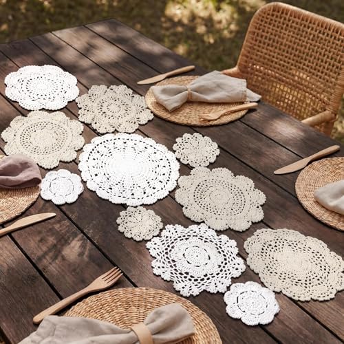 Frienda 11 Pcs Crochet Cotton Lace Doilies for DIY Crochet Table Runner 4 to 10 Inch Vintage Round Handmade French Lace Doily for Table Centerpiece Wedding Bridal Shower Birthday Decor (Beige, White)