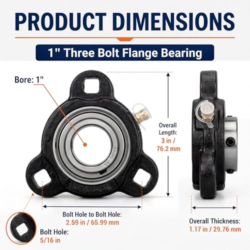 Image of 2 Pcs 1'' Three Bolt Flange Bearing, Insert Bearing SB205-16, Cast Iron Housing FCT205, SBFCT205-16G, SBTRD205-16G, FHSF3X205-16G, VF3S-116