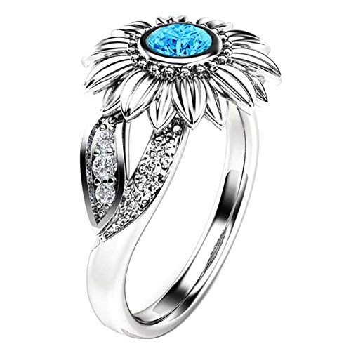 yibenwanligod Fashion Rhinestone Inlaid Sunflower Finger Ring Wedding Party Jewelry Gift for Women Girls Silver + Ocean Blue* 11