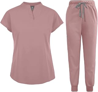 niaahinn Women's Scrubs Set: Stretch Jogger Top & Pants, Multi-Pockets for Nurses Estheticians Workwear Uniform