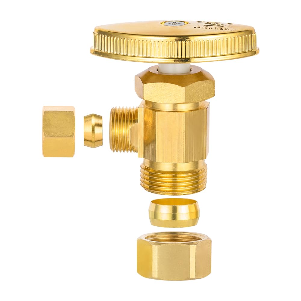 Confezione da 2 valvole di arresto ad angolo EFIELD 1/2" nominale (5/8" OD) compressione x 3/8" OD, multi-giro, ottone spazzolato