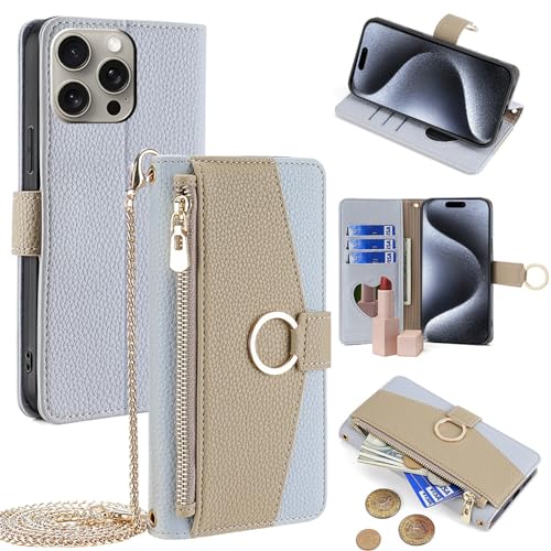 Coque portefeuille iPhone 15 Pro Max avec fermeture éclair et béquille de protection