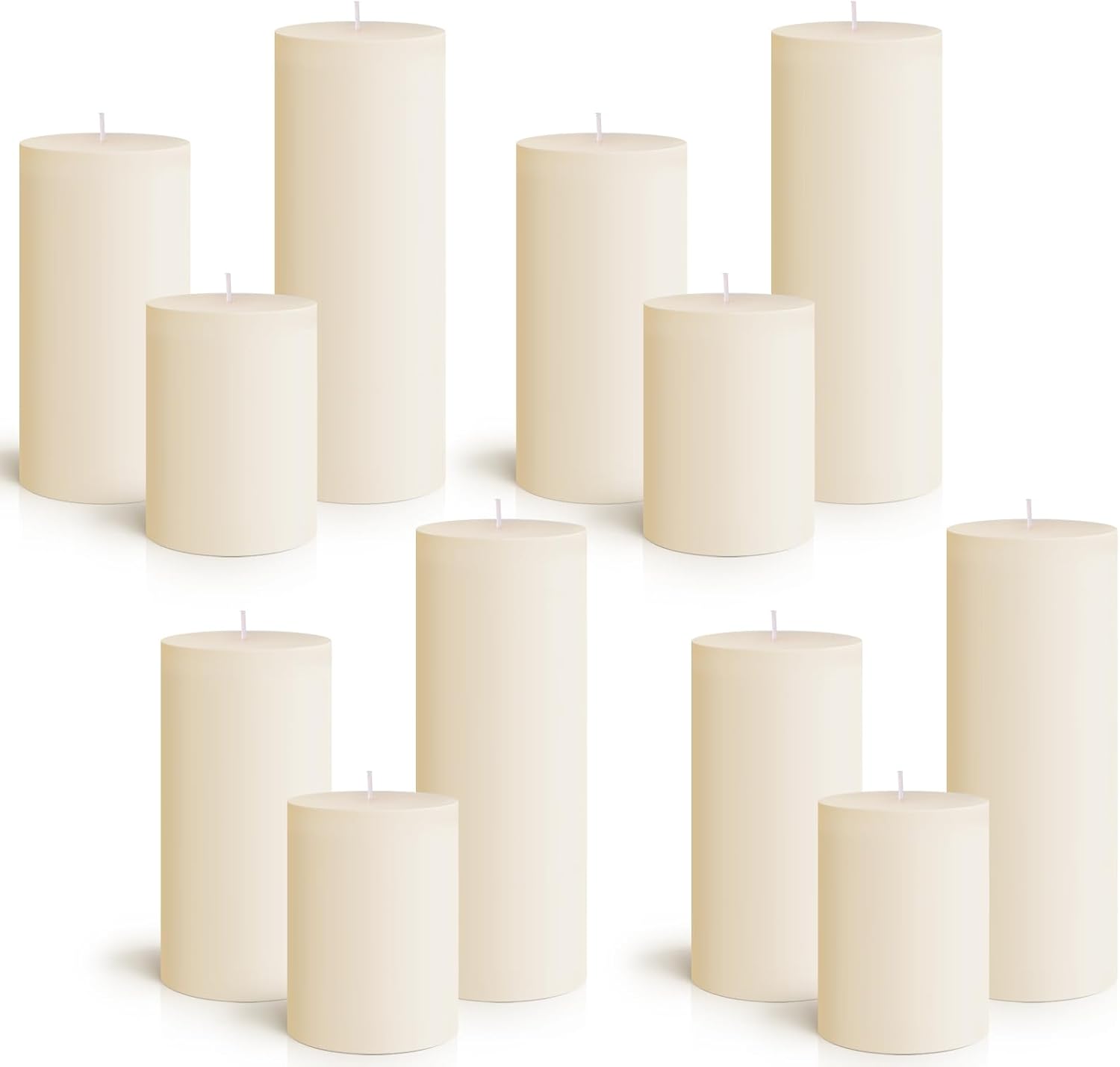 Sumind Set of 12 Poured Pillar Candles 3"x 4", 6", 8" Dripless Unscented Long Clean Burning Rustic Country Style for Wedding, Valentines, Home Decor, Relaxation, All Occasions(Ivory)