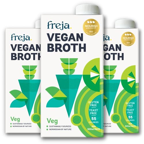 Freja Gourmet Vegan Broth | Plant Based Premium Vegetable Broth | Clear Liquid Bouillon not from Vegetable Stock Cubes Powder or Concentrate | Low Calorie | Yeast Dairy & Gluten Free | 3 x 500ml