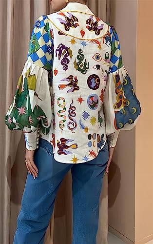 Women's Long Puff Sleeve Lapel Button Graffiti Printed Bodycon Sexy Nightclub Party Blouse Shirts Tops3