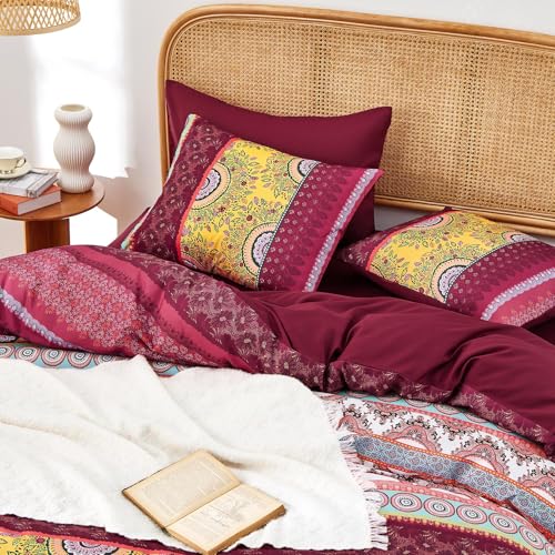 Image of Wake In Cloud - Boho Comforter Set, Bohemian Chic Colorful Medallion with Geometric Botanical Flowers and Horizontal Stripes, Soft Lightweight Bedding, 3 Pieces, Burgundy, King Size