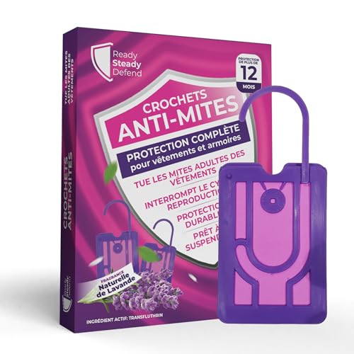 5 x Anti-mites Textiles | Jusqu’à 3 mois de protection par crochet | Anti-mites Vêtements | Antimites Vêtements Puissant | Parfum Lavande | Répulsifs à mites de...