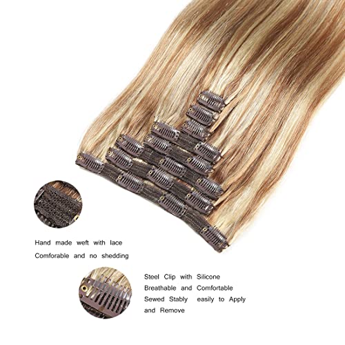 Clip in Hair Extensions Real Human Hair 8 Pieces Straight Real Remy Human Hair Full Head Human Hair Extensions Clip in Double Weft Real Remy Hair (#12/613 Golden Brown Mix Bleach Blonde - Image 3