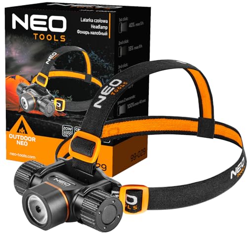 NEO TOOLS Akku-/Batterie-Kopftaschen-lampe 20W, max. 2000 Lm, Reichweite 200m, LED Cree XP50.2, IPX4, 4000mAh 3.7 Li-Ionen, USB, 5 Lichtfunktionen 100%, 40%, 15%, 3%, Strobe