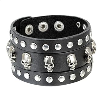 Cupimatch Unisex Gothic Skull Rivet Black Wide Leather Bracelet Cuff Bangle with Adjustable Snap Button for Men Women