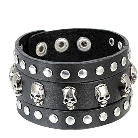 Cupimatch Unisex Gothic Skull Rivet Black Wide Leather Bracelet Cuff Bangle with Adjustable Snap Button for Men Women (1 pcs Black) Cover