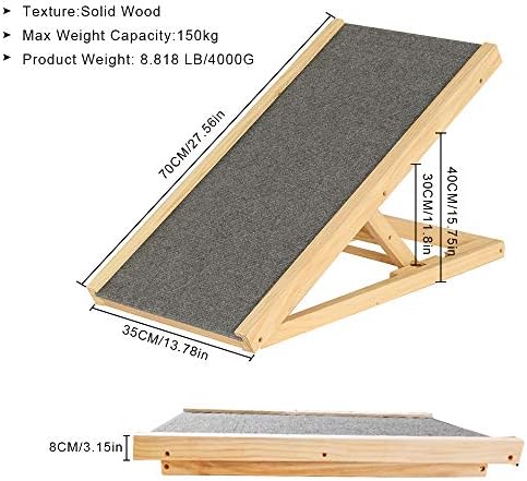 BALLSHOP Wooden Pet Ramp Dog Ramp Pet Puppy Adjustable Solid Wooden Ramp Dog Ramp For Sofa Bed with Non-slip Carpet Safety Pets Ladder for Travel (L70cm x W35cm x H30/40cm)