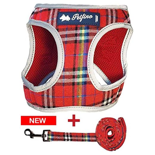 Petfino Step-in Dog Harness with Matching Leash for Small Dogs and Cats All Weather Soft Breathable Mesh for Ultra Comfort Mesh Plaid Red