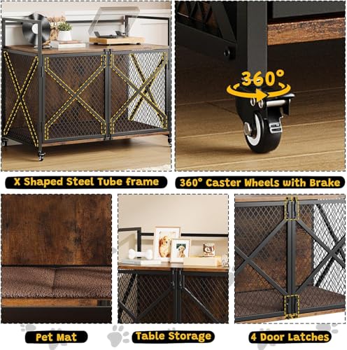 Gaiola interna portátil para animais de estimação de 78 cm com rodas de 360° com trava de 360°, mesa