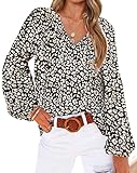 BTFBM Women Casual Boho Floral Blouse Shirts V Neck Long Puff Sleeve Lightweight Chiffon Spring Summer Fashion 2023 Tops(Floral Black, Large)