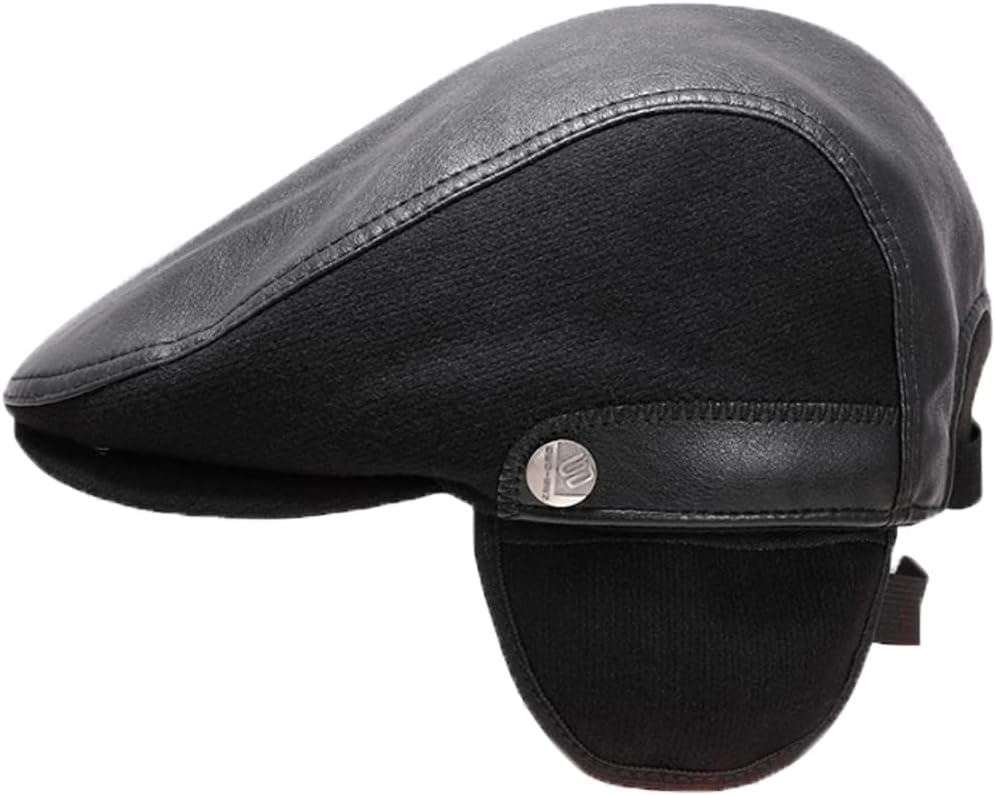 Men's Leather Newsboy Cap with Earflaps Flat Ivy Cap Cabbie Hats - Image 2