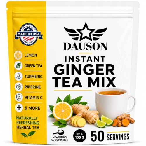 Image of Ginger Tea Powder Mix for Digestion, Detox & Immune Support with Turmeric, Lemon, Licorice Root, Green Tea & Vitamin C, Herbal Tea Blend, Vegan, Caffeine Free, 50 Servings