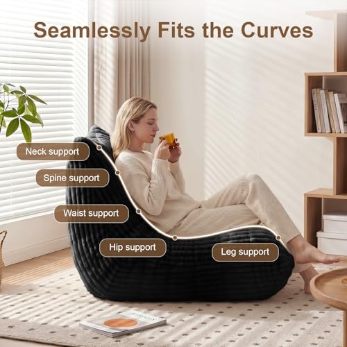 Bean Bag Chair with Lumbar Pillow, Gaint Bean Bag Chairs for Adults, Oversized Corduroy Beanbag Chair with Memory Foam Filled, Lazy Floor Sofa for Reading Gaming Living Room Bedroom (Black) — view 4