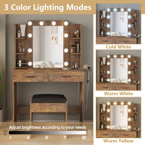 Image of Vabches Vanity Desk with Lights,Makeup Vanity with Power Strip,Dressing Table Set with 2 Large Drawers,Vanity Mirror 3 Lighting Color Adjustable,Rustic Brown