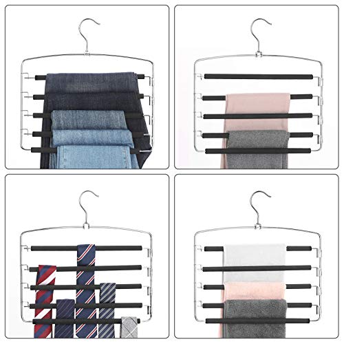 Songmics Pants Hangers Space Saving, 5 Layer Pants Hangers, Set Of 2 Multiple Pant Hanger, Pants Organizer Hanger, Swing Arm Pants Hangers With Non-Slip Padding, Silver And Black Ucri041B02 #TOP5