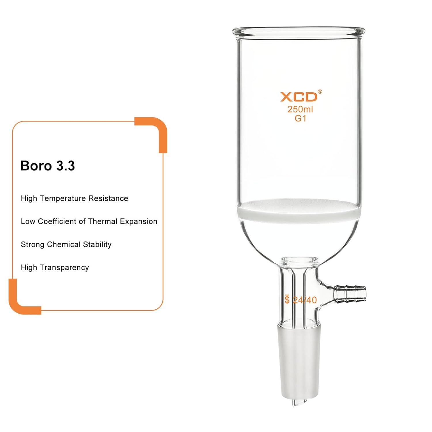XCD Buchner Funnel with Coarse Frit (G1), 250 ml Borosilicate Glass Buchner Filtering Funnel 24/40 Joint with Vacuum Serrated Tubulation, 76mm ID, 80mm Depth