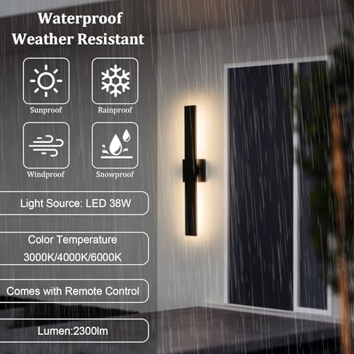 Image of Modern Outdoor Wall Light 3CCT Dimmable LED Outdoor Sconce Lights with Remote Control(3000K 4000K 6000K), 27.2 inch Black Outside Light Fixtures for House Front Door Garage Porch & Patio