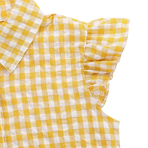 Image of Girls Sleeveless Plaid Button Down Shirt Summer Crop Tops Tie Knot Ruffle Sleeve Shirt Blouse 3-12Y