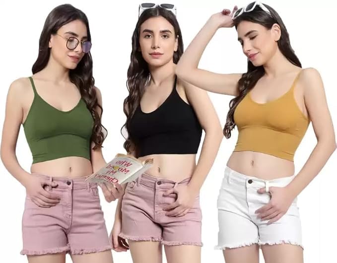 Women Cotton Padded Wire Free Sports Bra Fitness Yoga Free Size (Pack of 3), Size (28-32) (GRREN White Yellow)-image-30
