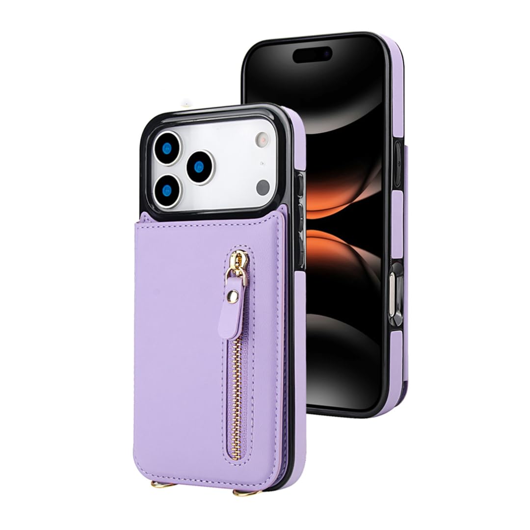 Étui portefeuille bandoulière iPhone 17 Pro Max violet en cuir avec fente cartes - 8