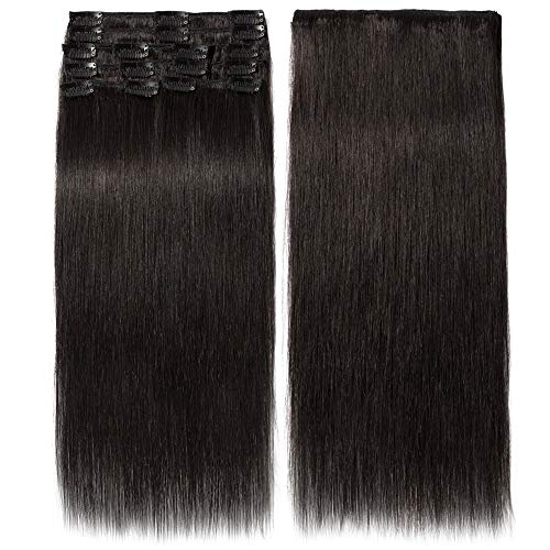 20 inch 105g Clip in Remy Human Hair Extensions Full Head 8 Pieces Set Long length Straight Very Soft Style Real Silky for Beauty #1B Natural Black