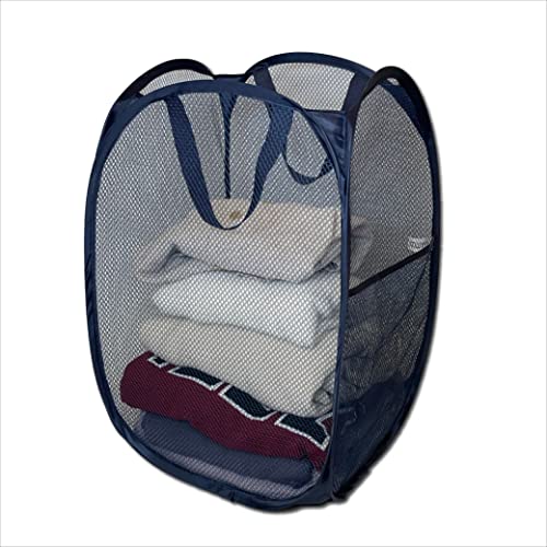 Mia Weaver Strong Mesh Pop-Up Laundry Hamper, Quality Collapsible Laundry Basket With Durable Handles Solid Bottom High Carbon Steel Frame, Easy To Open And Fold Flat For Storage(Black) (Single Hamper, 2-Pack, Blue) #TOP2