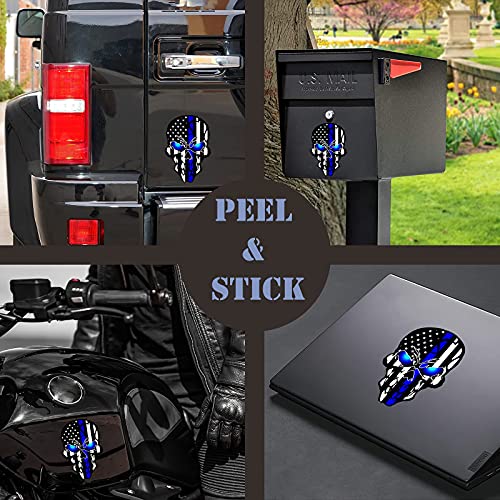 Image of 2 Pack Car Decals Stickers Skull Reflective US Flag with Thin Blue Line, Honoring Police Law Enforcement Vinyl Stickers Van Trucks Women Men Motorcycle Laptop Decals Skateboard Bike Bumper Window