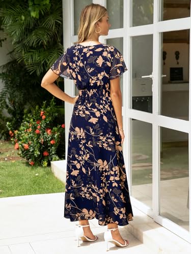 Image of Simplee Womens Floral Maxi Dress - Short Sleeve Summer Boho Wedding Guest Dress Empire Waist Chiffon Modest Midi Dresses