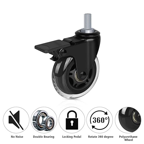 Miniatura 6 de Hirate Ruedas de vástago roscado de 38 "-16UNC con freno, juego de 4 ruedas giratorias resistentes de 3 pulgadas con bloqueo de seguridad para