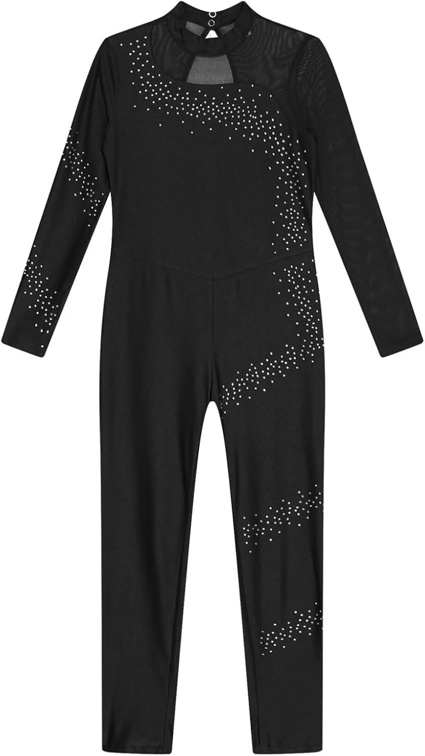 FEESHOW Kids Girls Sequins Gymnastics Leotard Unitard Jumpsuit One Piece Long Sleeve Romper Full Body Bodysuit