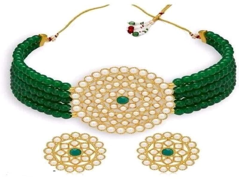 V FASHION JEWELLERY ROUND PATWA CRYSTAL SET Traditional Handcrafted Stone Studded Pearl Choker Necklace Jewellery Set With Earrings For Women/Girls Green Color (B0B6BMX2YP) Amazon Price History, Amazon Price Tracker