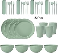 Vista 2 de Juego de vajilla de paja de trigo, 32 piezas, apto para microondas y lavavajillas, vajilla irrompible, vajilla reutilizable, platos ligeros
