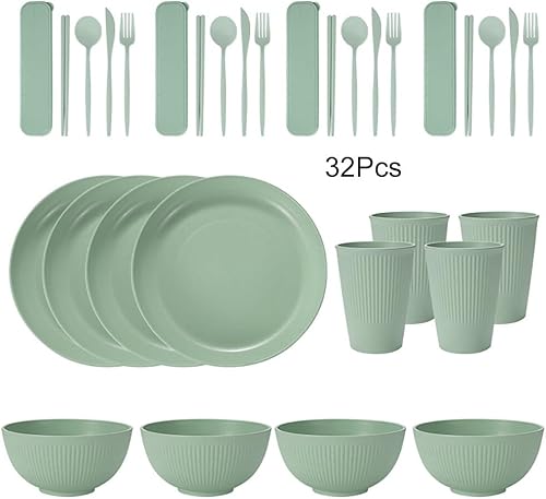 Miniatura 2 de Juego de vajilla de paja de trigo, 32 piezas, apto para microondas y lavavajillas, vajilla irrompible, vajilla reutilizable, platos ligeros para