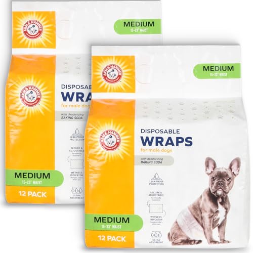 Arm & Hammer Medium Male Dog Wraps, Disposable Belly Band Diapers with Baking Soda Odor Control, Super Absorbent Leak Resistant Design for Marking and Incontinence, 15-23 Inch Waist, 12 Count