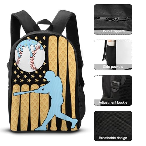 Baseball Drip Dripping Ice Cream American Flag Backpack Set 3 Pieces Backpacks Lunch Bag Wallet For Travel Outdoor Sports3