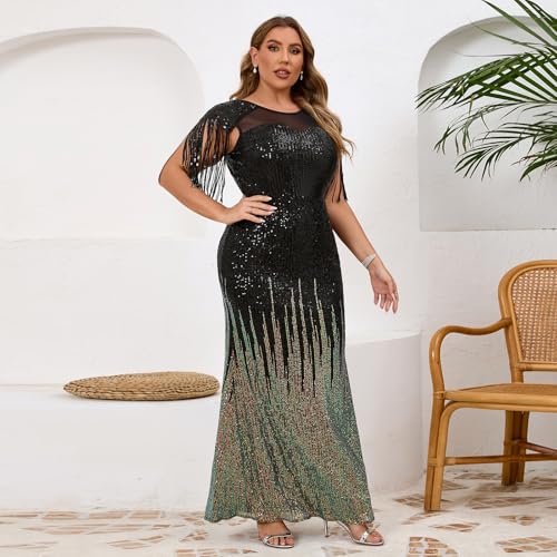 Image of Cololura Sexy Sequin Tassel Mesh Perspective Party Cocktail Bodycon Evening Club Maxi Dress