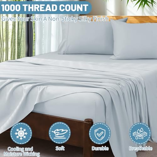 Image of Extra Deep Pocket Queen Sheets 18-24 Inch 100% Egyptian Cotton 1000 Thread Count Sateen Weave Soft Breathable 4 Pieces(Queen,Light Blue)