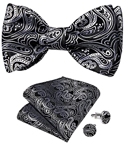 Image of DiBanGu Men Bow Tie Paisley Striped Self-Bow Tie for Men and Silk Woven Bowtie Pocket Square Cufflinks Wedding Party