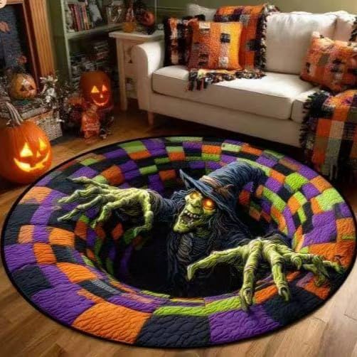 Halloween 3D Rug, Optical Illusion Skeleton Abyss Round Area Rug, Spooky Indoor Floor Mat for Living Room Bedroom Entryway and Halloween Party Decor (Halloween E,60cm)