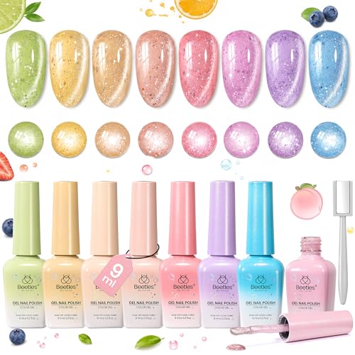 Image of Beetles Bubbly Mixology Cat Eye Gel Nail Polish Set - 8 Colors Pastel Spring Shimmer Glitter Gel Polish Kit Pink Blue Orange Green Yellow Purple Velvet Gel Soak Off UV DIY Manicure Gift for Women