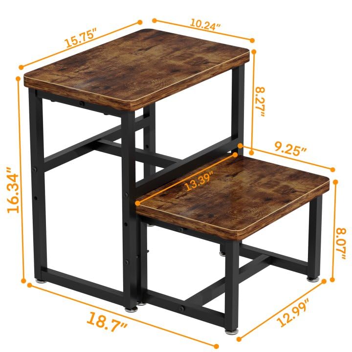 Wood Step Stool for Adults, 3-in-1 Bedside Two Step Stool for Bathroom Kitchen Bedroom, 16