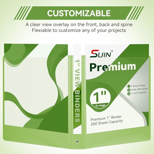 Image of SUIN 1 Inch 3 Ring Binder, Clear 1'' View Presentation Binders with 2 Pockets, Fits 8.5 x 11 Letter Size, Durable Polypropylene, Non-Stick & PVC-Free for School, Office & Home (Kelly Green)