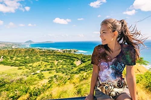 Kyku Cat T Shirts For Women Funny Kitten Butterfly Shirt Nebula Galaxy T-Shirt #TOP2